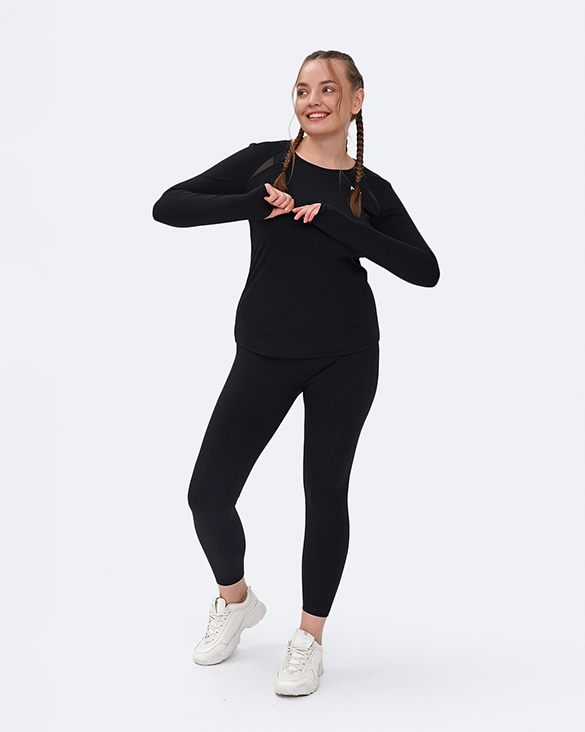 BetterMe High Waisted Slimming Leggings and Long Sleeve Top with  Full-Coverage Set in Black