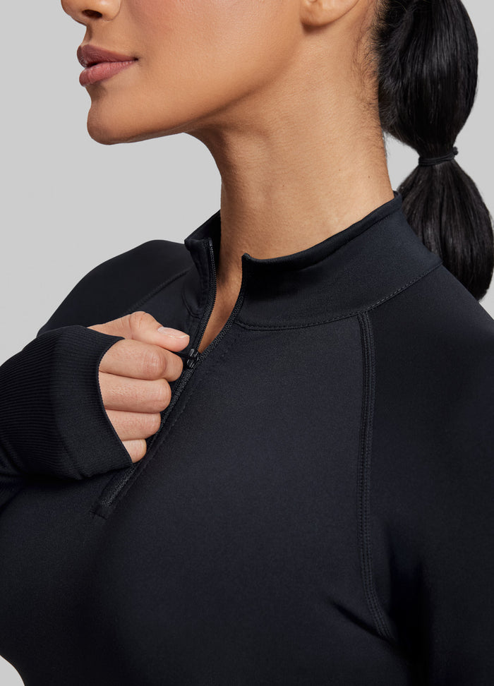 Ultrasculpt Longline Form-Fitting Seamless Thumb Hole Twill Knit Half-Zip Top