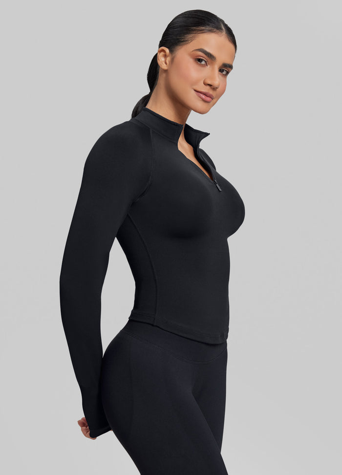 Ultrasculpt Longline Form-Fitting Seamless Thumb Hole Twill Knit Half-Zip Top