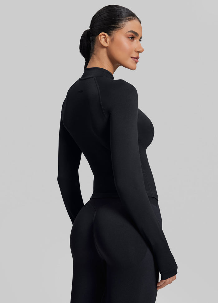 Ultrasculpt Longline Form-Fitting Seamless Thumb Hole Twill Knit Half-Zip Top