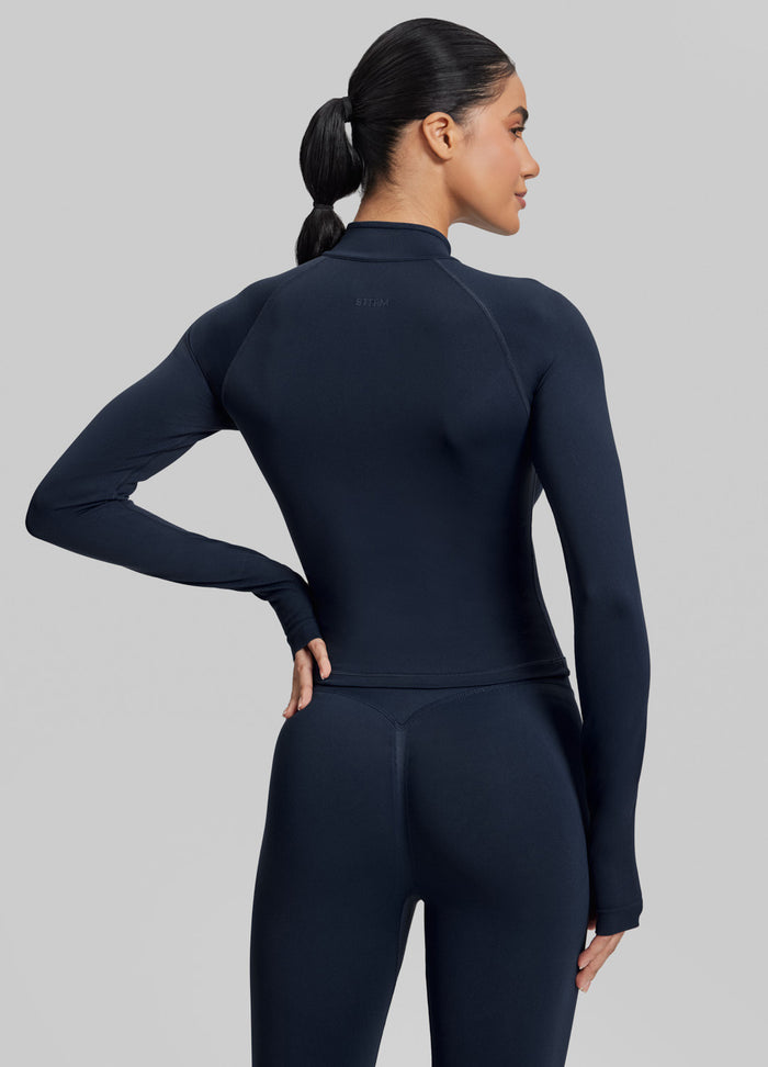Ultrasculpt Longline Form-Fitting Seamless Thumb Hole Twill Knit Half-Zip Top