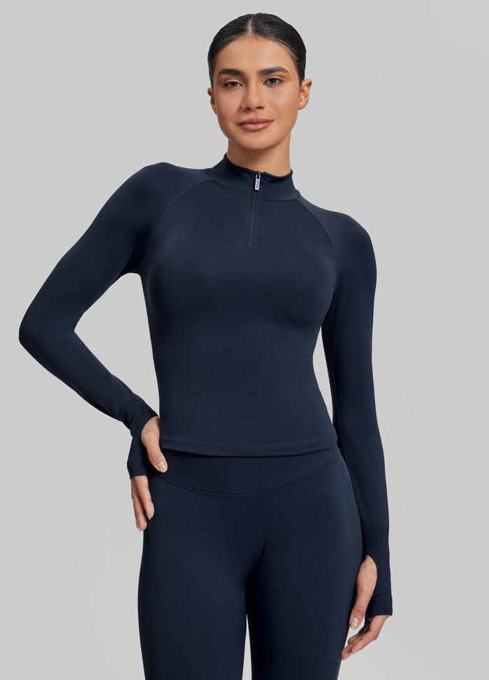 Ultrasculpt Longline Form-Fitting Seamless Thumb Hole Twill Knit Half-Zip Top