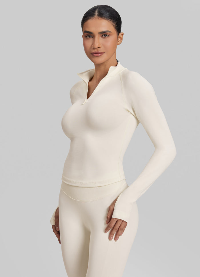Ultrasculpt Longline Form-Fitting Seamless Thumb Hole Twill Knit Half-Zip Top