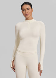 Ultrasculpt Longline Form-Fitting Seamless Thumb Hole Twill Knit Half-Zip Top