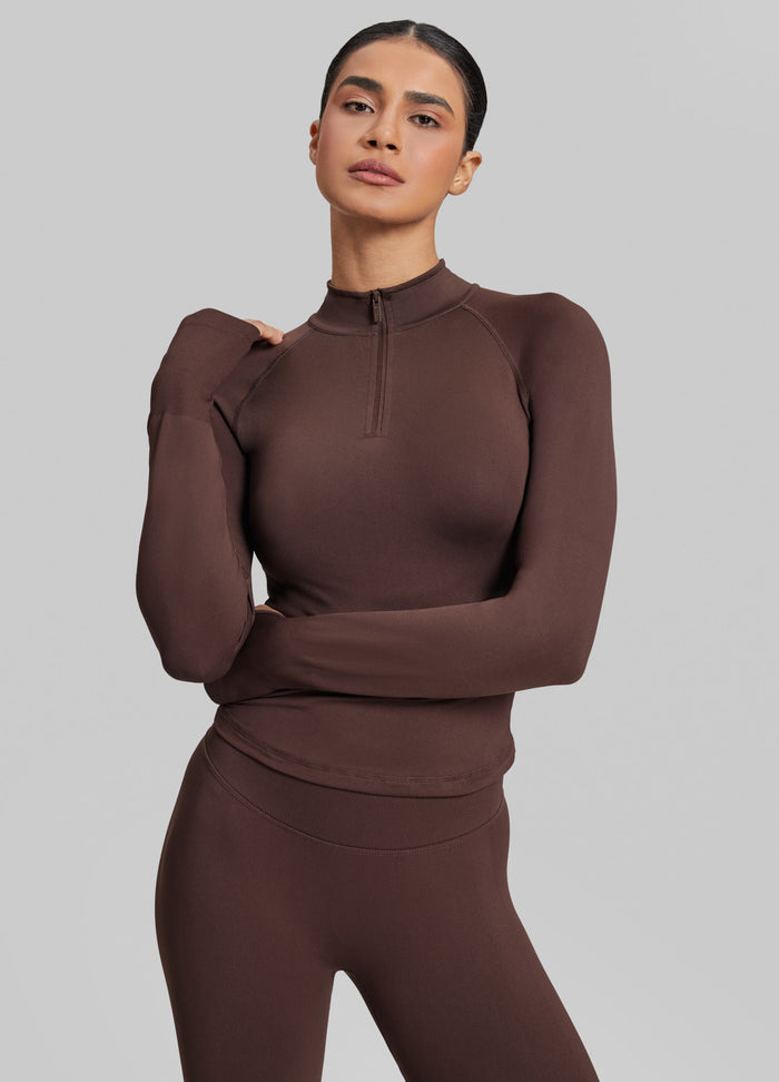 Ultrasculpt Longline Form-Fitting Seamless Thumb Hole Twill Knit Half-Zip Top