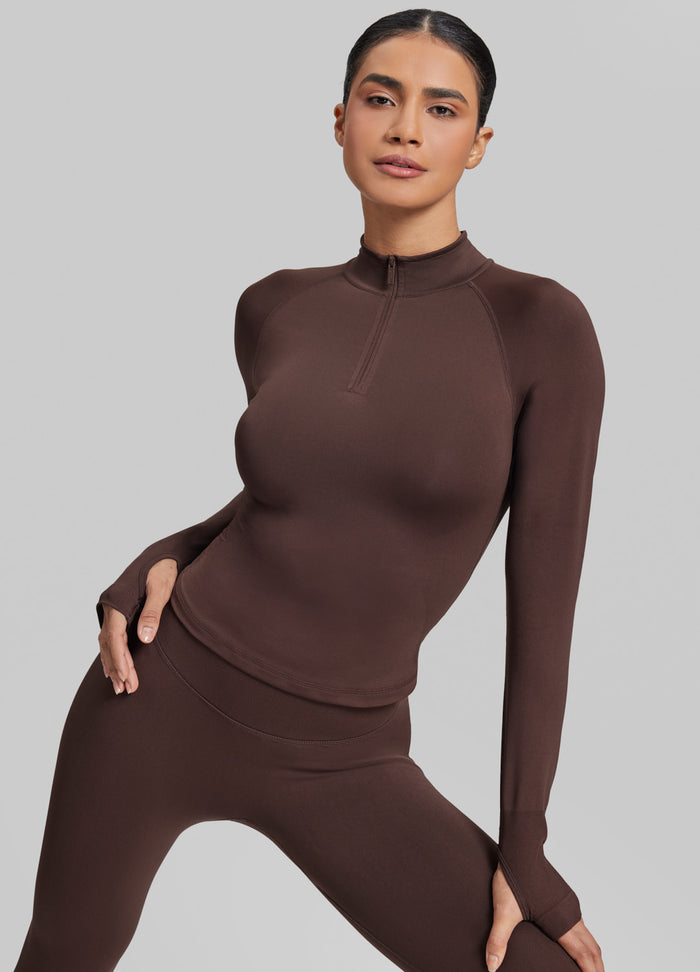 Ultrasculpt Longline Form-Fitting Seamless Thumb Hole Twill Knit Half-Zip Top