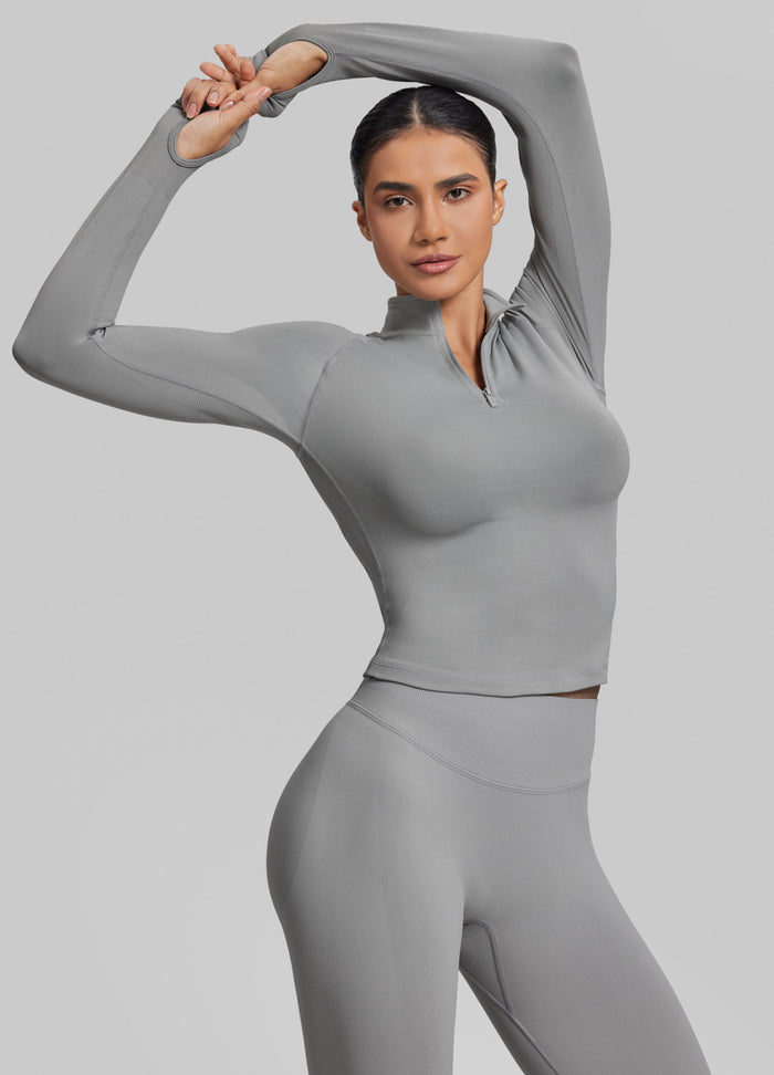 Ultrasculpt Longline Form-Fitting Seamless Thumb Hole Twill Knit Half-Zip Top