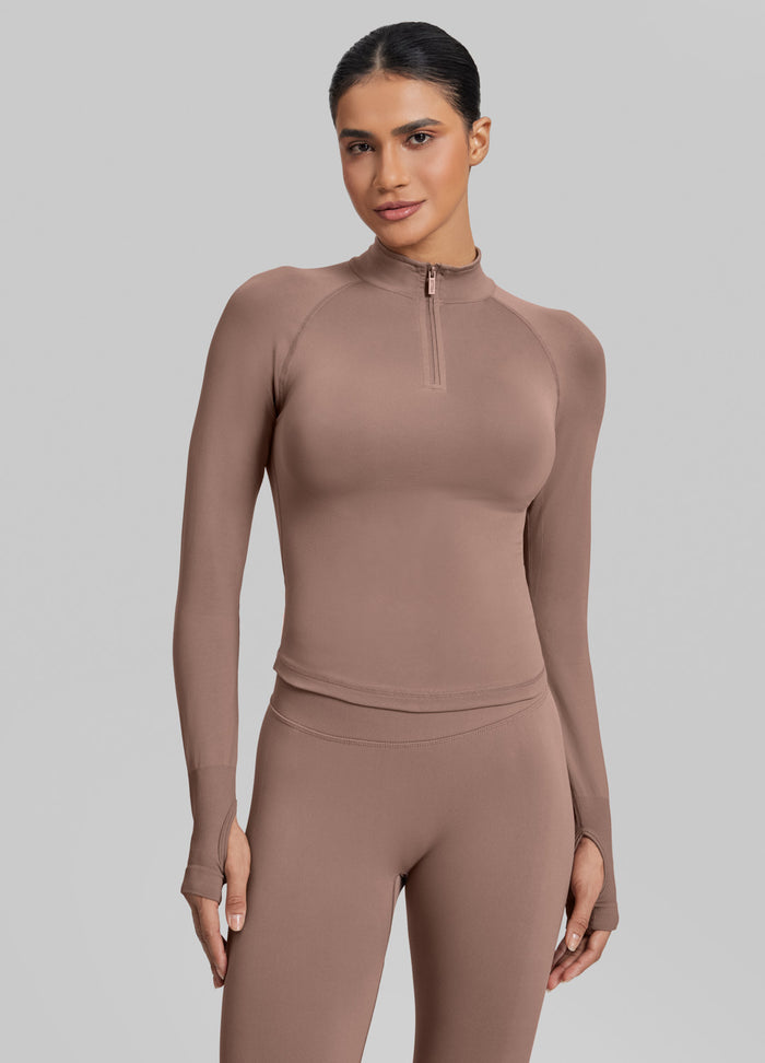 Ultrasculpt Longline Form-Fitting Seamless Thumb Hole Twill Knit Half-Zip Top