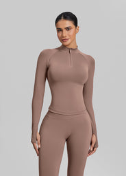 Ultrasculpt Longline Form-Fitting Seamless Thumb Hole Twill Knit Half-Zip Top