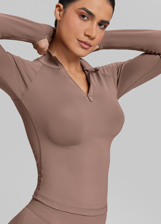 Ultrasculpt Longline Form-Fitting Seamless Thumb Hole Twill Knit Half-Zip Top