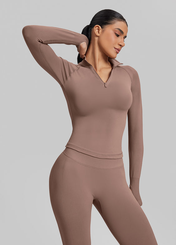 Ultrasculpt Longline Form-Fitting Seamless Thumb Hole Twill Knit Half-Zip Top