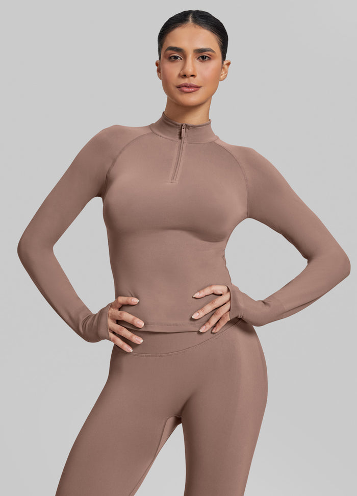 Ultrasculpt Longline Form-Fitting Seamless Thumb Hole Twill Knit Half-Zip Top