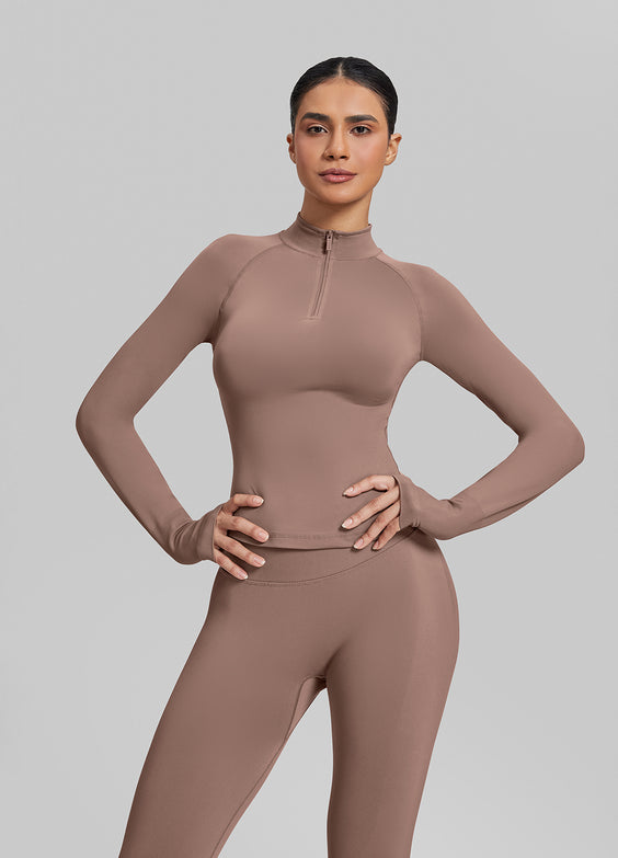Ultrasculpt Longline Form-Fitting Seamless Thumb Hole Twill Knit Half-Zip Top