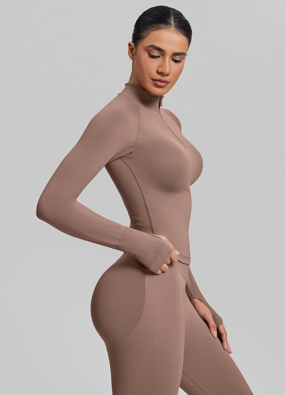 Ultrasculpt Longline Form-Fitting Seamless Thumb Hole Twill Knit Half-Zip Top