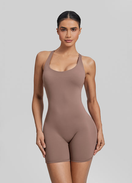Form-Fitting Shorts Crossback Built-in Bra Sweat-Wicking Bodysuit