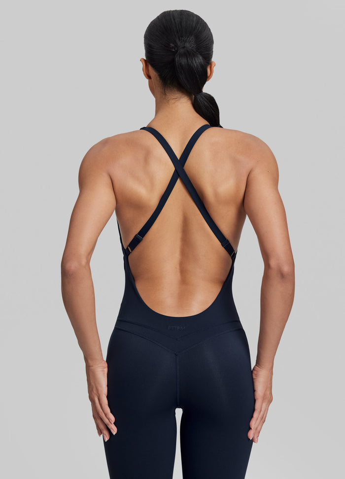 Form-Fitting Full Length Crossback Built-in Bra Sweat-Wicking Bodysuit