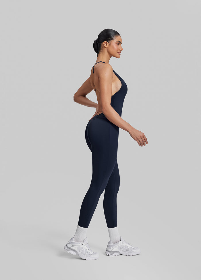 Form-Fitting Full Length Crossback Built-in Bra Sweat-Wicking Bodysuit