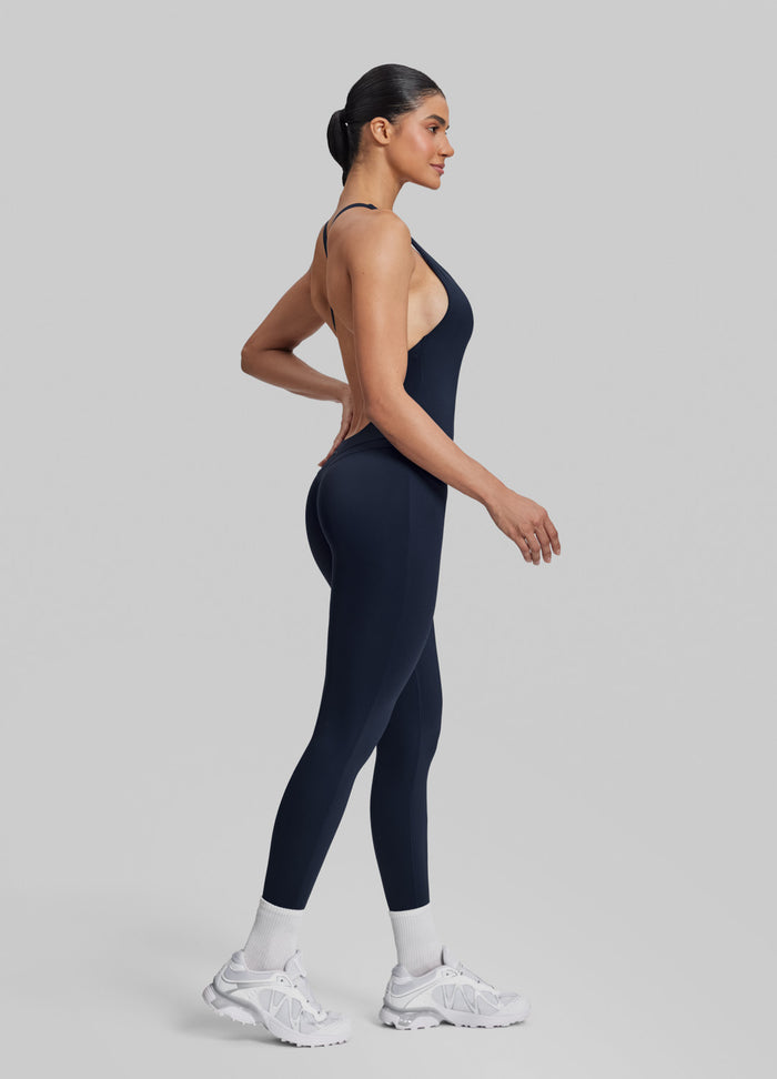 Form-Fitting Full Length Crossback Built-in Bra Sweat-Wicking Bodysuit