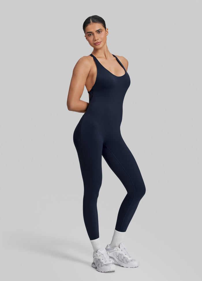 Form-Fitting Full Length Crossback Built-in Bra Sweat-Wicking Bodysuit