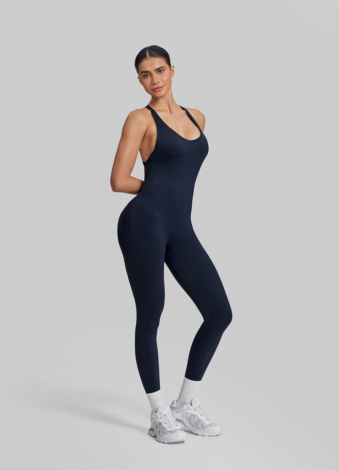 Form-Fitting Full Length Crossback Built-in Bra Sweat-Wicking Bodysuit