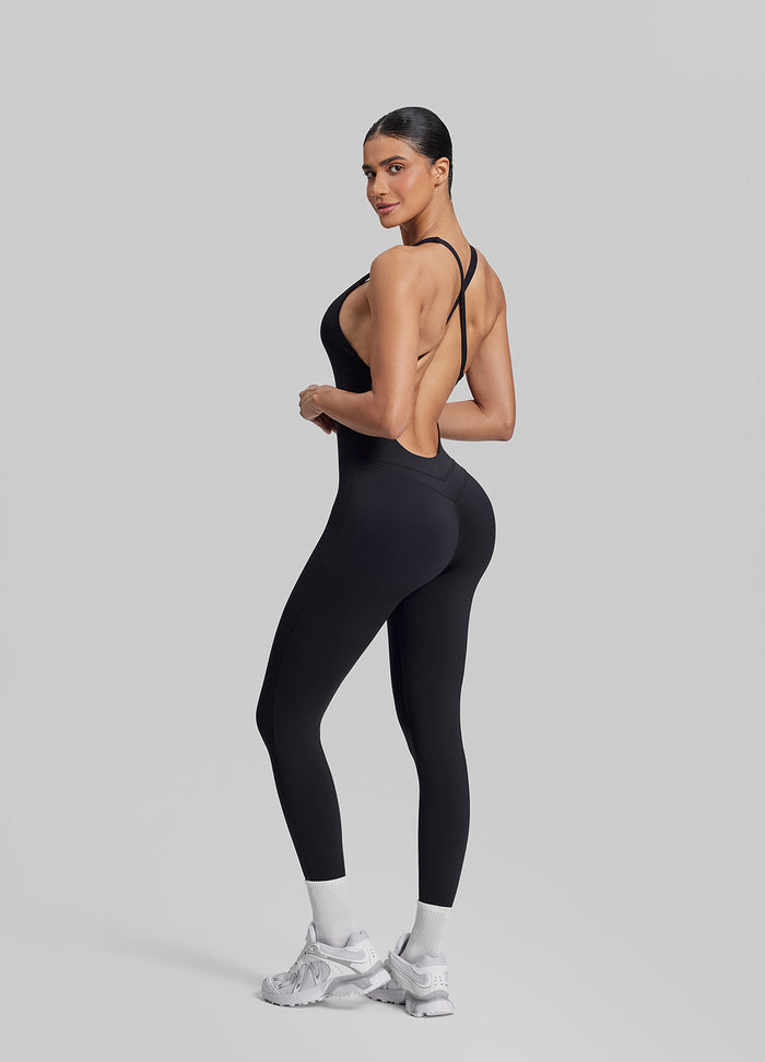 Form-Fitting Full Length Crossback Built-in Bra Sweat-Wicking Bodysuit