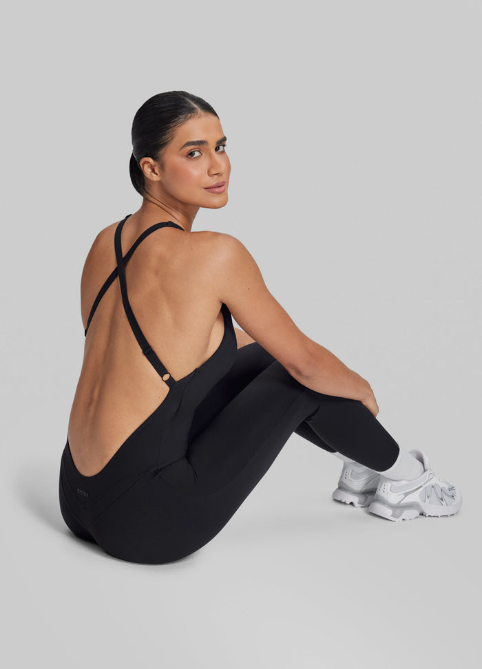 Form-Fitting Full Length Crossback Built-in Bra Sweat-Wicking Bodysuit