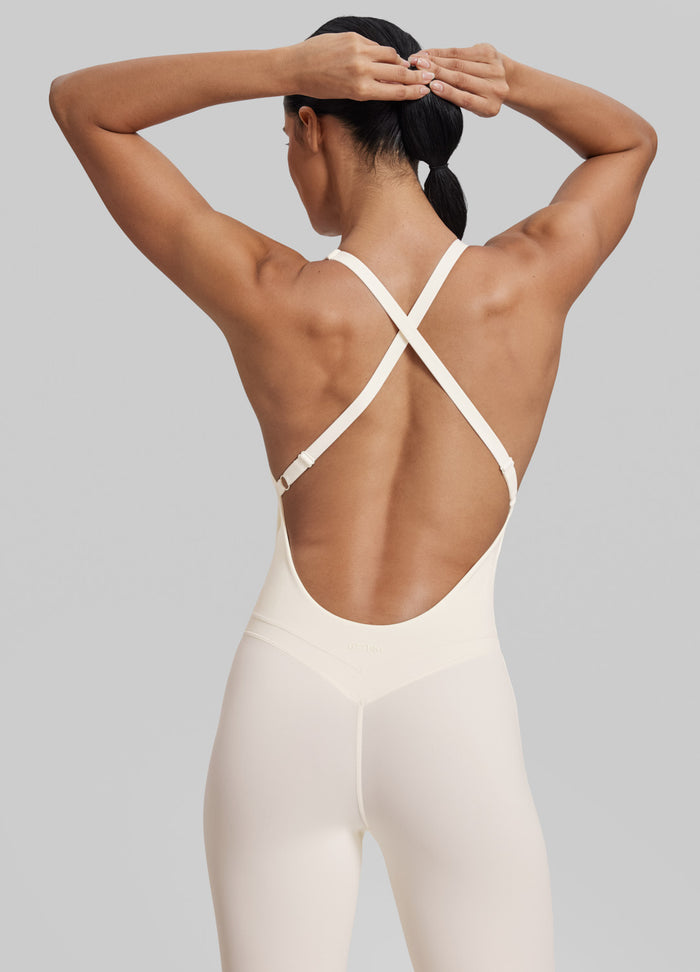 Form-Fitting Full Length Crossback Built-in Bra Sweat-Wicking Bodysuit