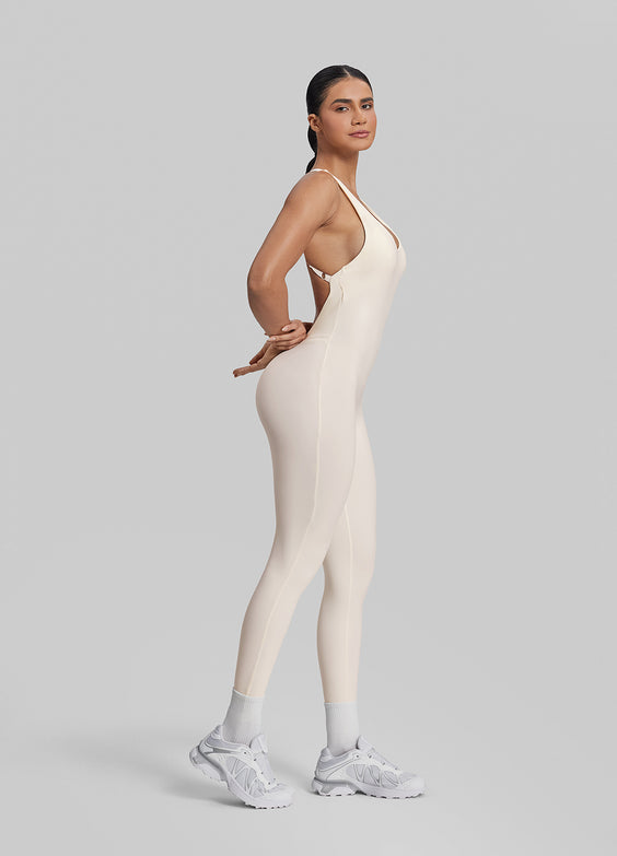 Form-Fitting Full Length Crossback Built-in Bra Sweat-Wicking Bodysuit