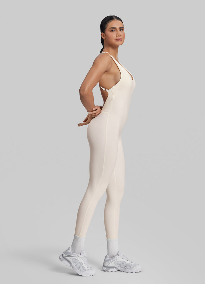Form-Fitting Full Length Crossback Built-in Bra Sweat-Wicking Bodysuit