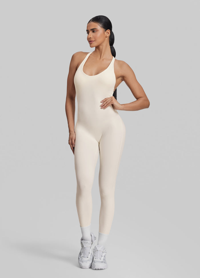 Form-Fitting Full Length Crossback Built-in Bra Sweat-Wicking Bodysuit