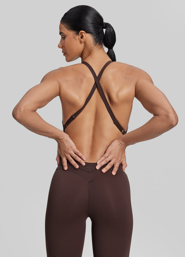 Form-Fitting Full Length Crossback Built-in Bra Sweat-Wicking Bodysuit