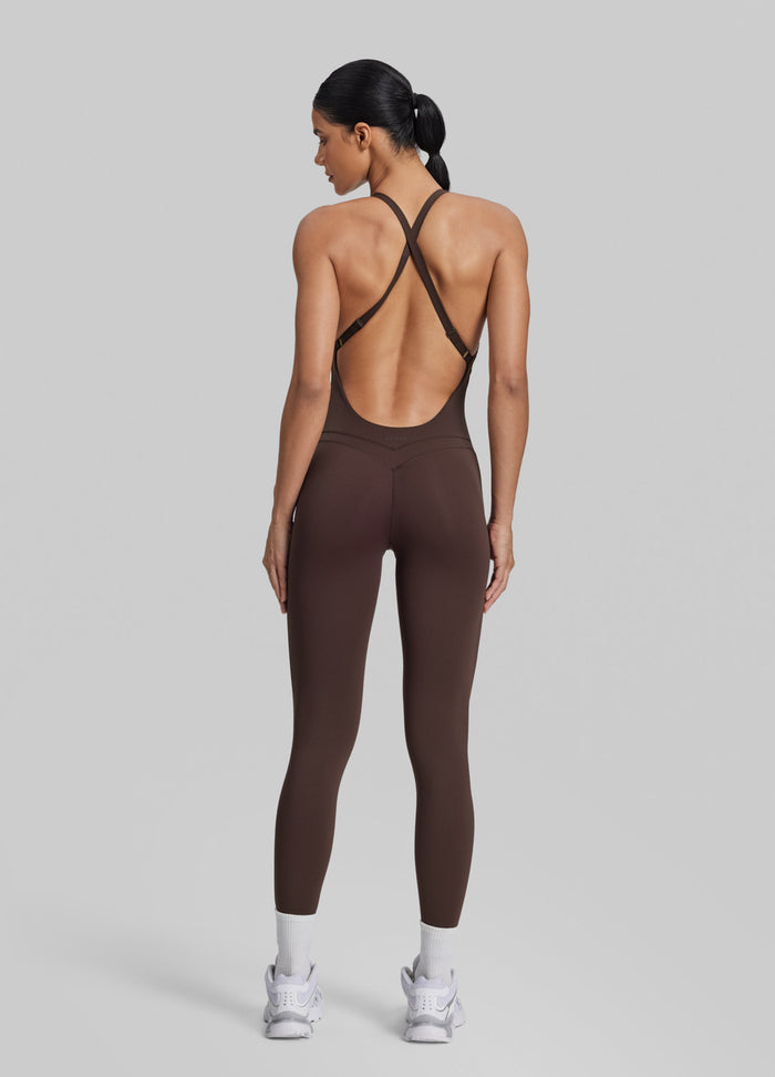 Form-Fitting Full Length Crossback Built-in Bra Sweat-Wicking Bodysuit