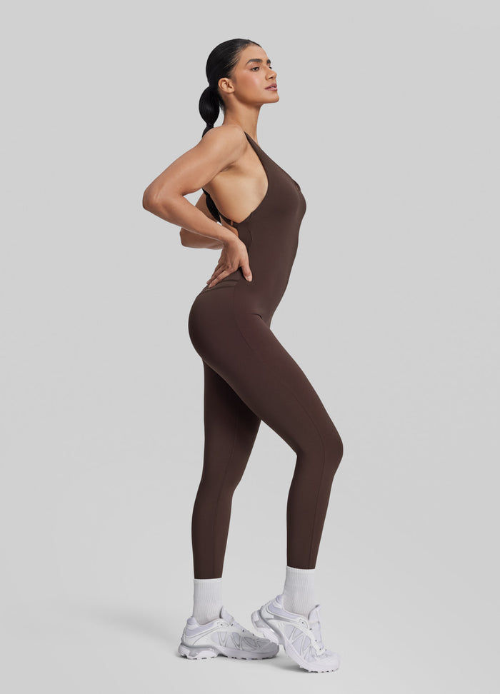 Form-Fitting Full Length Crossback Built-in Bra Sweat-Wicking Bodysuit