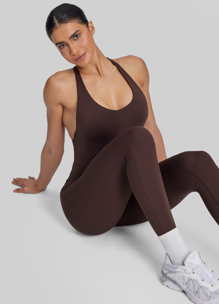 Form-Fitting Full Length Crossback Built-in Bra Sweat-Wicking Bodysuit