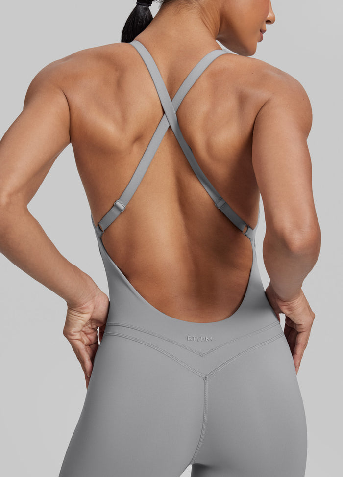 Form-Fitting Full Length Crossback Built-in Bra Sweat-Wicking Bodysuit