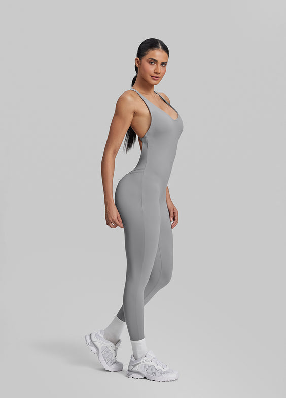 Form-Fitting Full Length Crossback Built-in Bra Sweat-Wicking Bodysuit