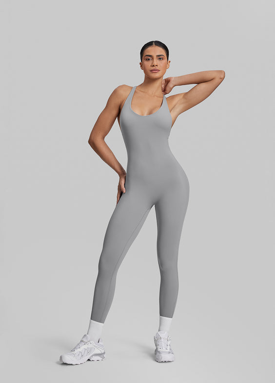 Form-Fitting Full Length Crossback Built-in Bra Sweat-Wicking Bodysuit