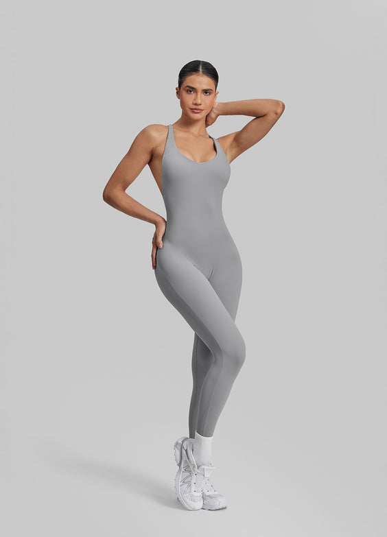 Form-Fitting Full Length Crossback Built-in Bra Sweat-Wicking Bodysuit