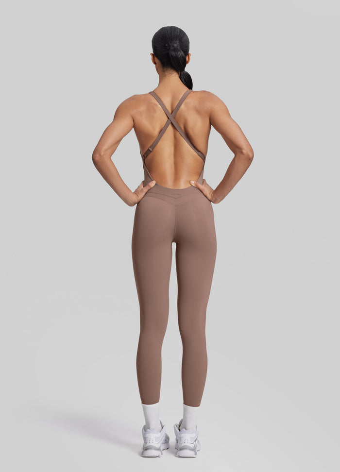 Form-Fitting Full Length Crossback Built-in Bra Sweat-Wicking Bodysuit