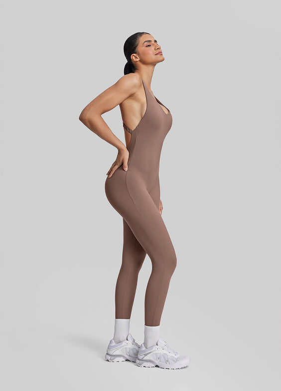 Form-Fitting Full Length Crossback Built-in Bra Sweat-Wicking Bodysuit