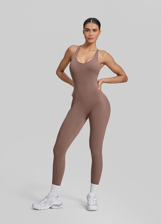 Form-Fitting Full Length Crossback Built-in Bra Sweat-Wicking Bodysuit