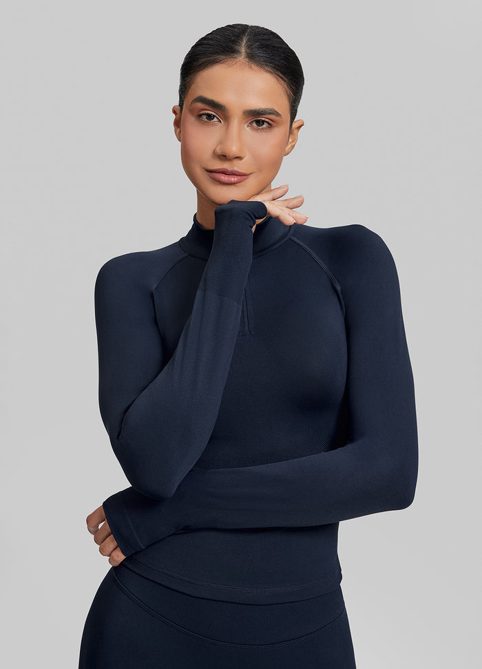 Top Ultrasculpt largo de sarga, ajustado, sin costuras, con abertura para el pulgar y media cremallera