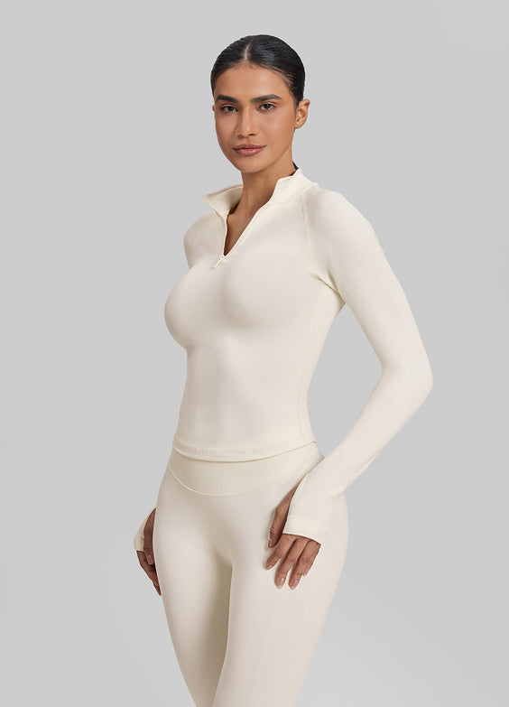 Ultrasculpt Top Lungo Aderente in Twill con Mezza Zip e Foro per il Pollice Senza Cuciture