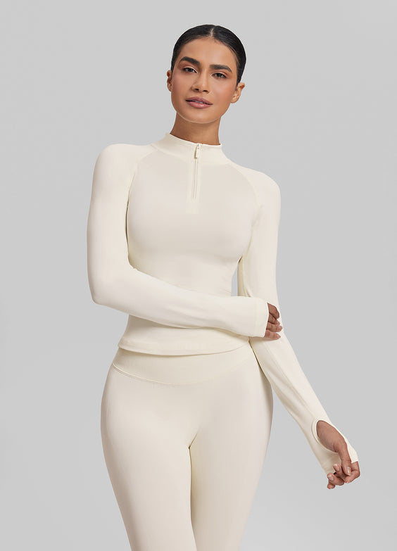 Ultrasculpt Top Lungo Aderente in Twill con Mezza Zip e Foro per il Pollice Senza Cuciture