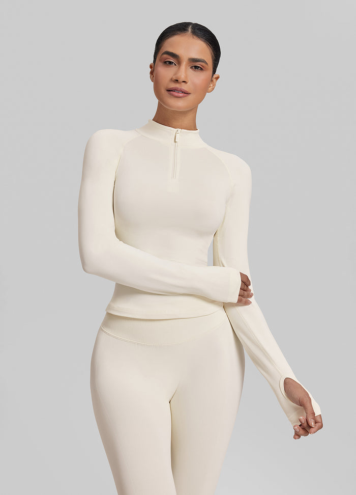 Top Ultrasculpt largo de sarga, ajustado, sin costuras, con abertura para el pulgar y media cremallera