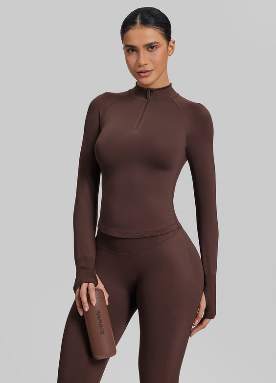 Ultrasculpt Longline Form-Fitting Seamless Thumb Hole Twill Knit Half-Zip Top