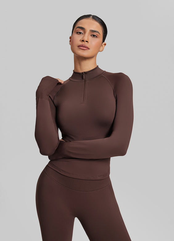Ultrasculpt Longline Form-Fitting Seamless Thumb Hole Twill Knit Half-Zip Top