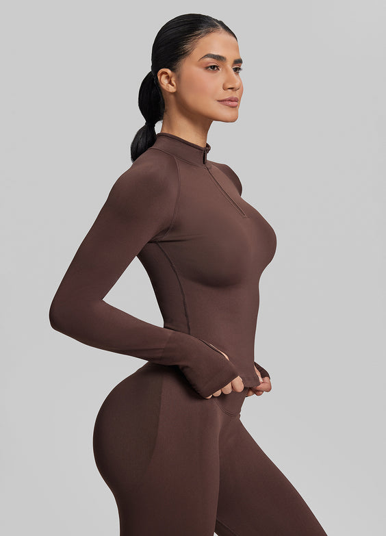 Ultrasculpt Longline Form-Fitting Seamless Thumb Hole Twill Knit Half-Zip Top