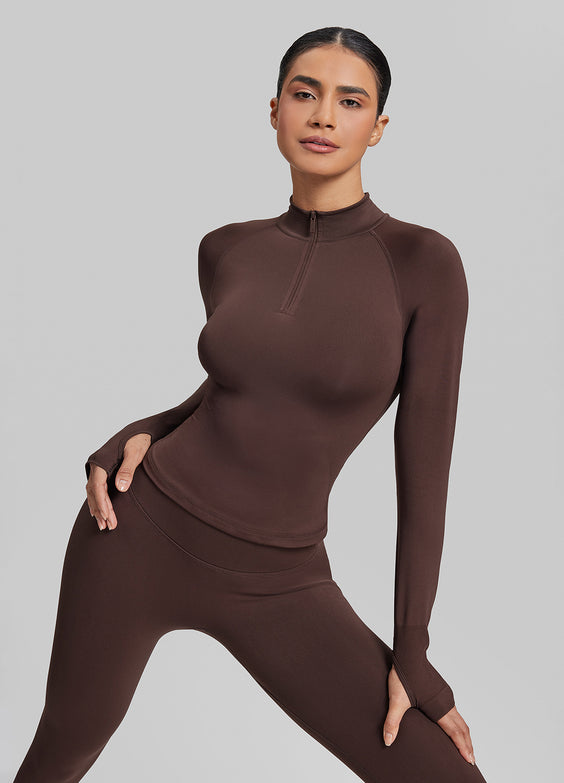Ultrasculpt Longline Form-Fitting Seamless Thumb Hole Twill Knit Half-Zip Top