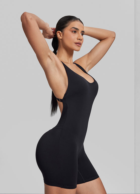 Form-Fitting Shorts Crossback Built-in Bra Sweat-Wicking Bodysuit
